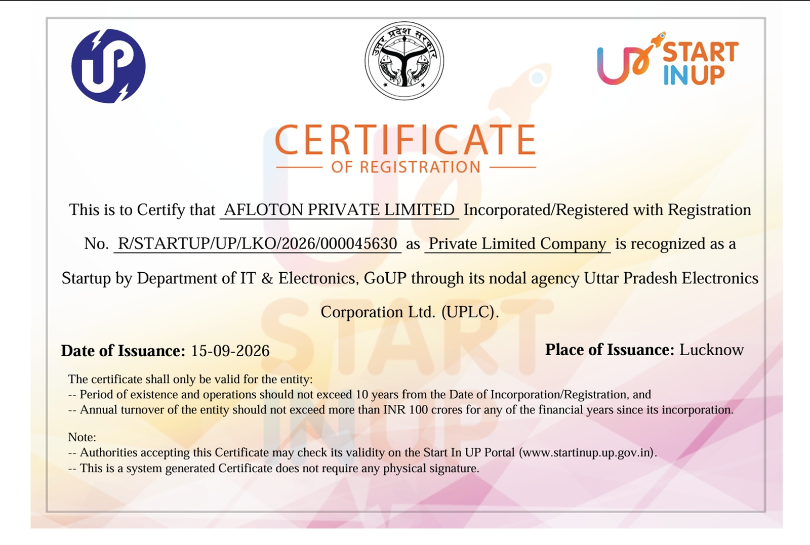 Start In UP Certificate of Registration for Afloton Private Limited